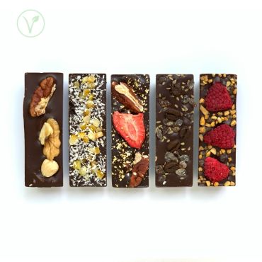 Chocstars Pure Vegan Favorietjes! 5 prachtige handgemaakte verschillende reepjes van vegan chocolade met vegan ingrediënten